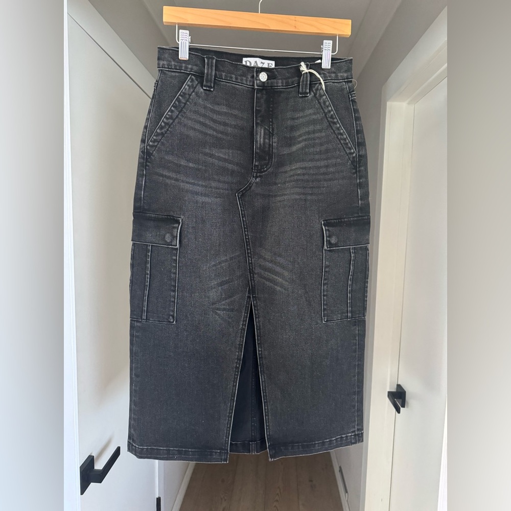 NWOT | Daze| The Girls Next Door Midi Skirt in Last Night Black Denim | Sz 29